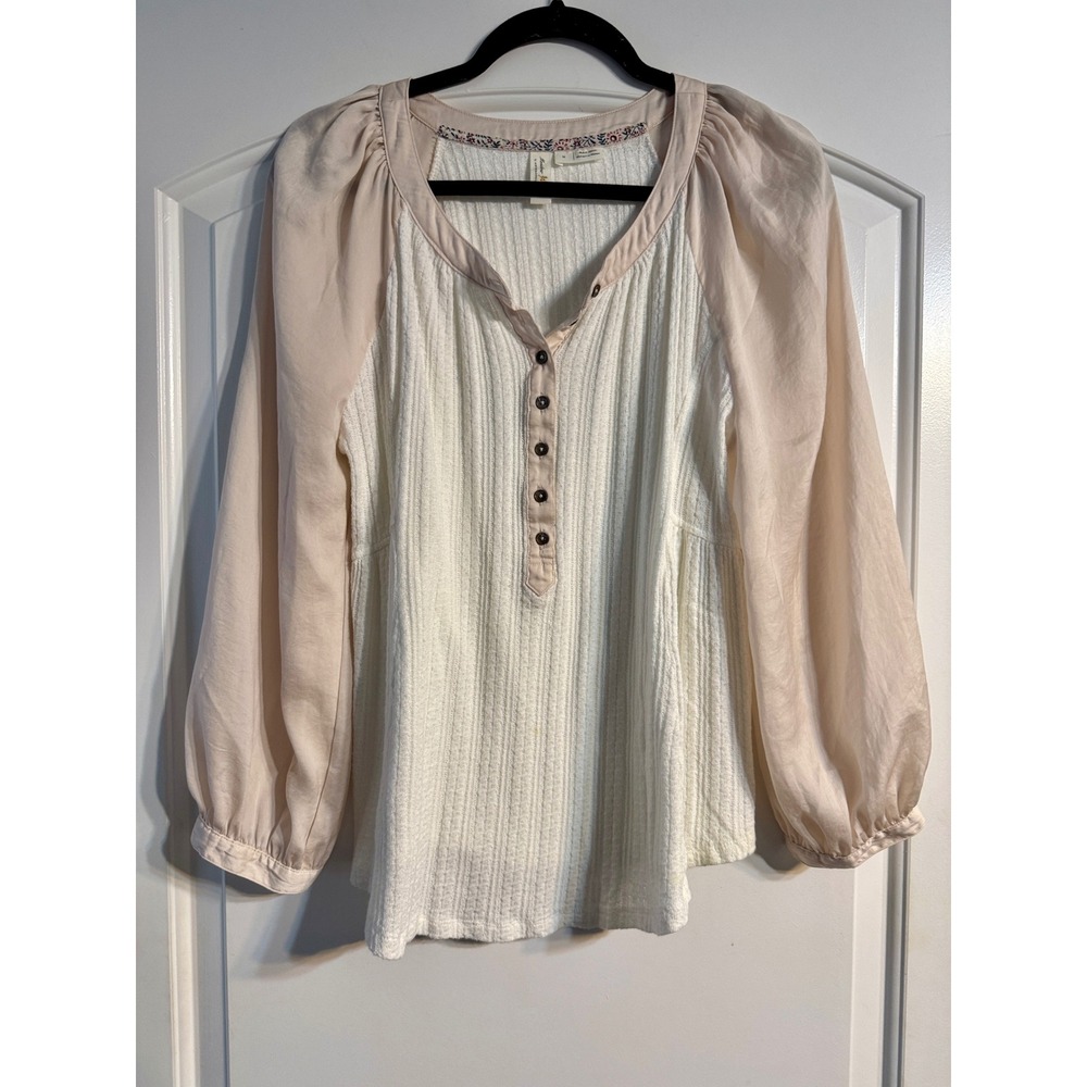 Meadow Rue Anthropologie Henley Top Medium White Pink Mixed Media Boho